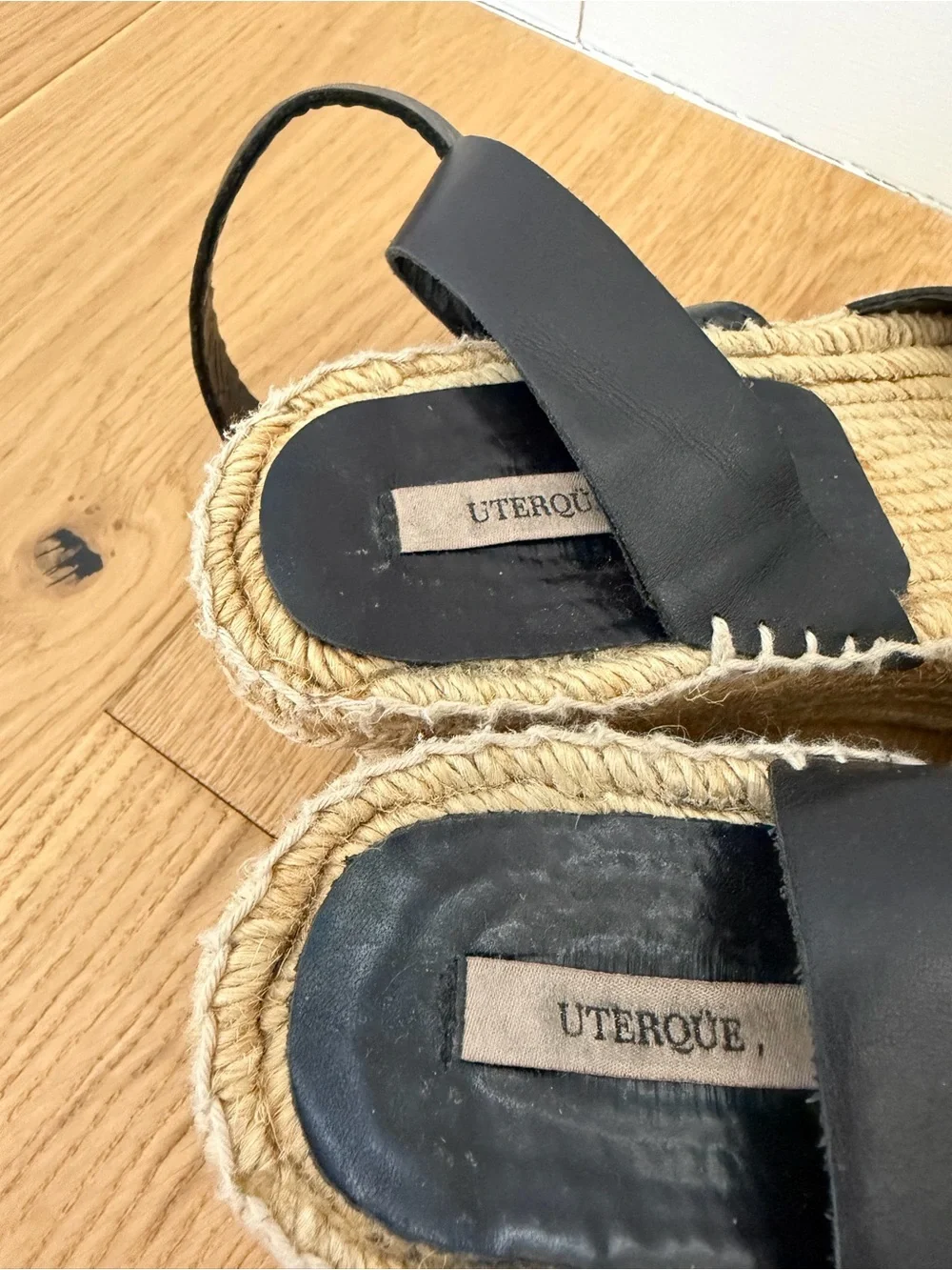 Uterque Black Leather Cross-Strap Espadrille Wedges with Ankle Wrap